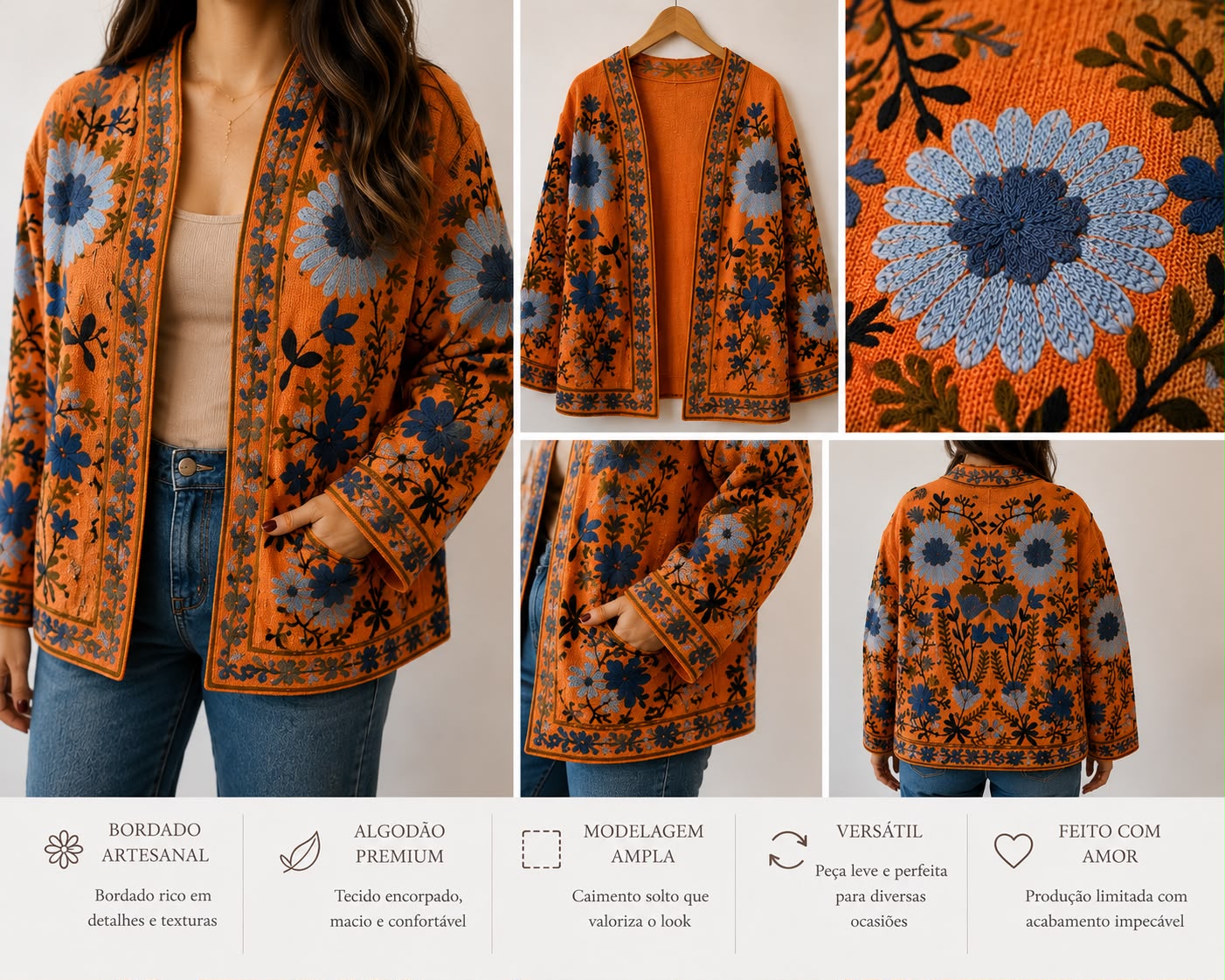 Casaco Linho Bordado Laranja e Flores Azul - Imagem 3