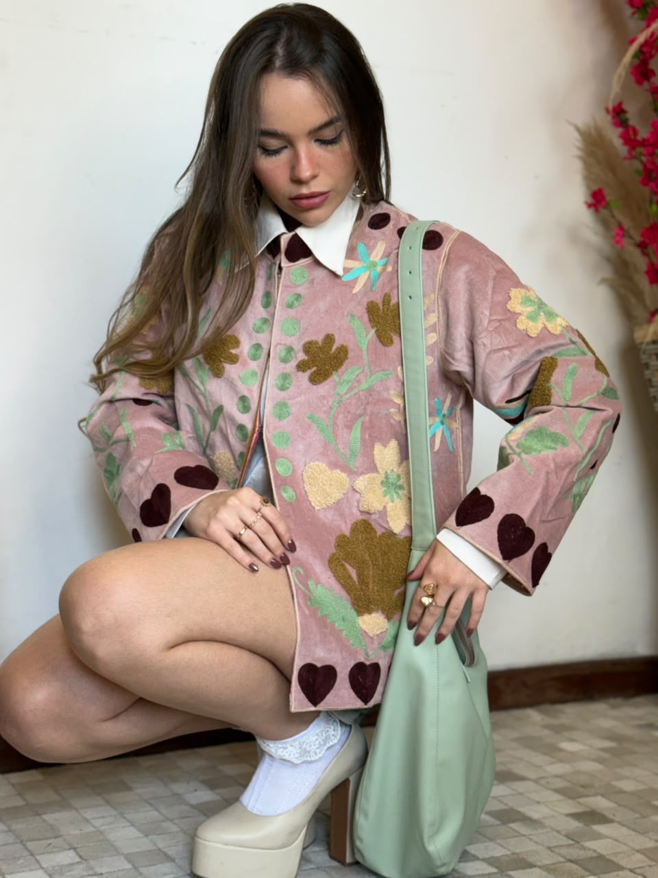 Jaqueta Suzani Veludo Bordada Rosé