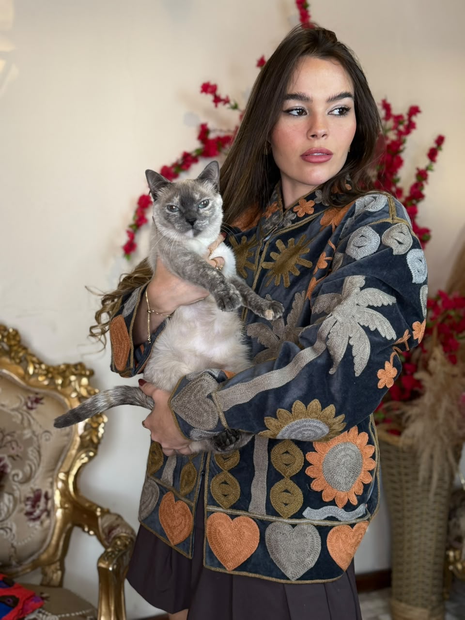 Jaqueta Suzani Veludo Cinza e laranja - Imagem 5