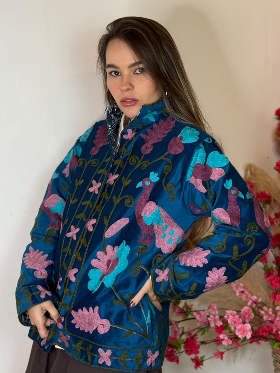 Jaqueta Suzani Veludo Pavão Azul